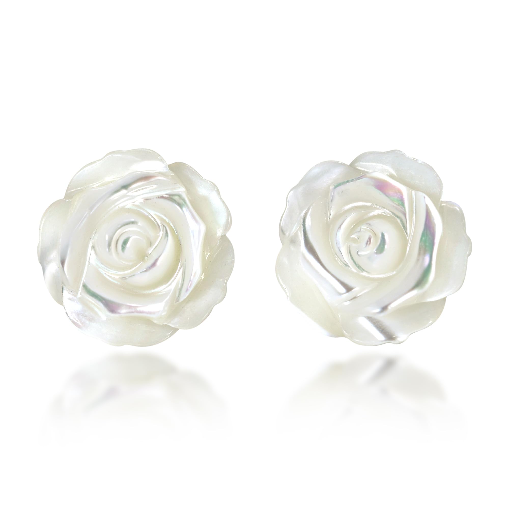 Delicate Pure White Rose Carved from Mother of Pearl Stud Earrings