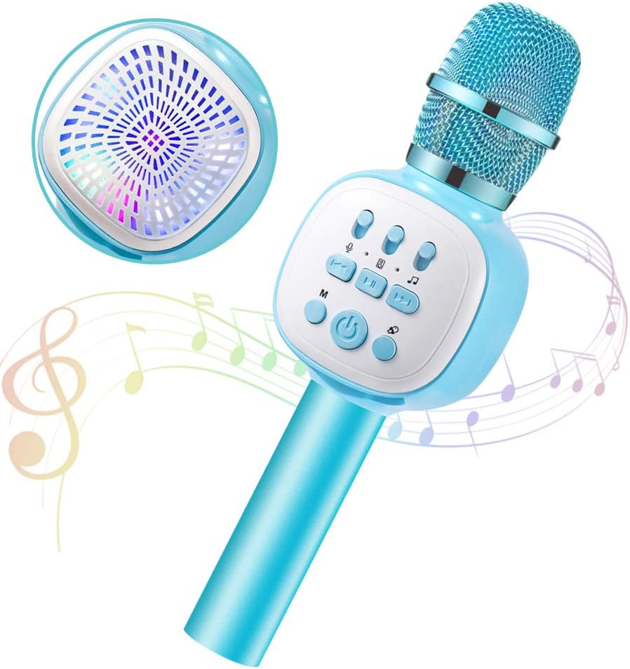 Kid Microphone, Wireless Bluetooth Karaoke Microphone, Portable Kids Microphone Karaoke Player Speaker with Flashing LED Music Singing Voice Recording for Home KTV Christmas Birthday Party Blue