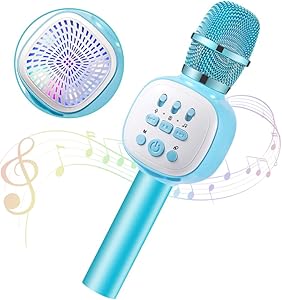 Kid Microphone, Wireless Bluetooth Karaoke Microphone, Portable Kids Microphone Karaoke Player Speaker with Flashing LED Music Singing Voice Recording for Home KTV Christmas Birthday Party Blue