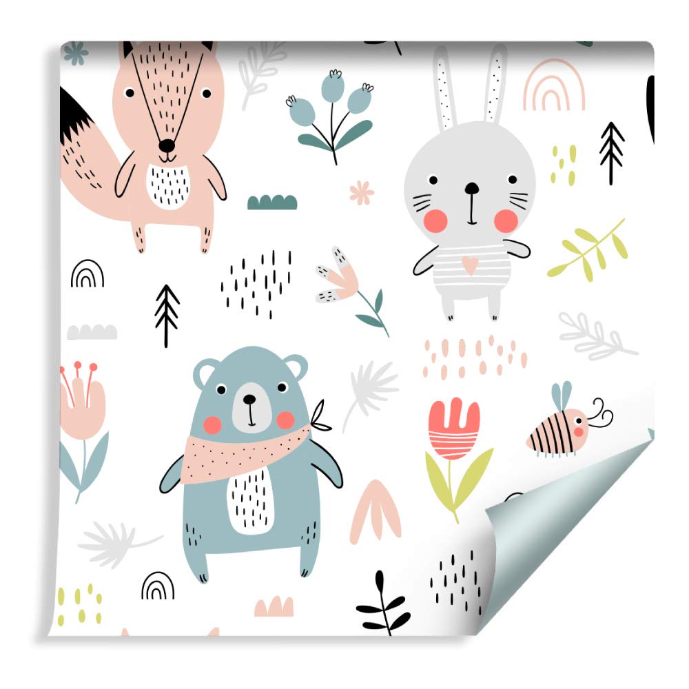 Muralo Kids Wallpaper for Children, Cheerful Forest Animals, Non-woven Creative Plant and Animal World For Children, Children's Motifs. 10m (Länge) x 53 cm (Breite) a