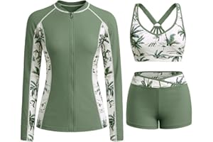 Daci Women 3 Piece Rash Guard - Long Sleeve Zip Up Swim Shirt with Sports Bra and Shorts UPF 50+ Modest Swimuits 2026
