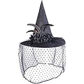 NiuXTool Black Witch Hat with Lace Veil, Polka Dot Pattern, Feathers & Black Fabric Flowers, Soft & Comfortable, Halloween Costume Accessory for Women