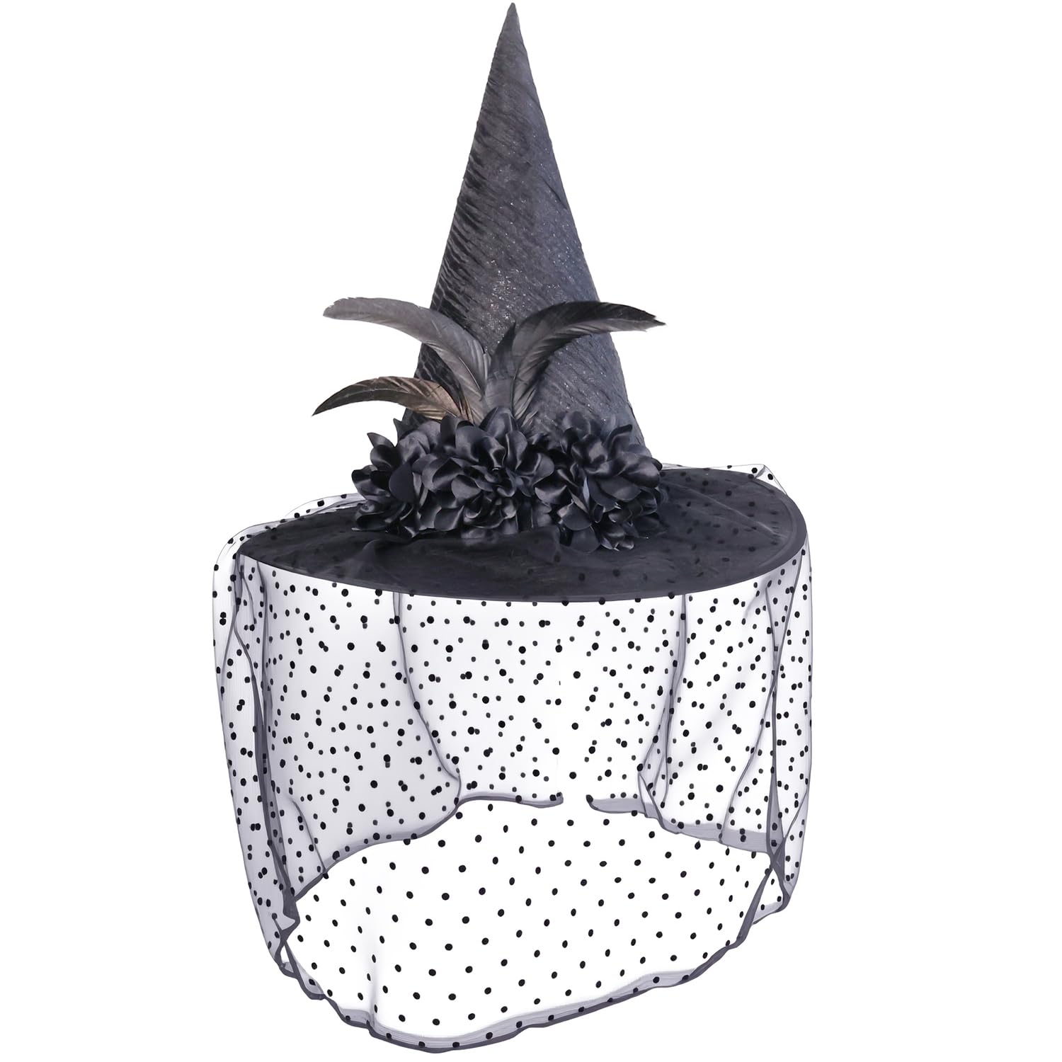 NiuXTool Black Witch Hat with Lace Veil, Polka Dot Pattern, Large