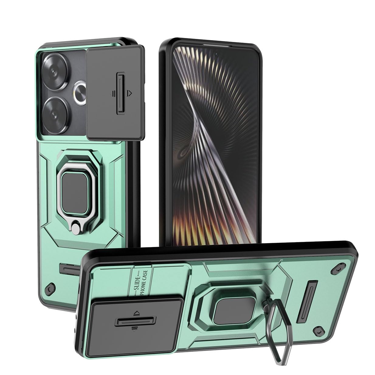 UPLAI Case for Xiaomi Poco F6 5G, Shockproof Armor Cover with Slide Camera Cover and 360° Rotatable Hidden Metal Ring Kickstand, Premium TPU + PC Durable Case. Green