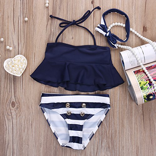 3Pcs Infant Baby Girls Halter Bowknot Tube Top+Short Strips Bottoms+Headband Bathing Bikini Swimsuit (Navy Blue, 3T)