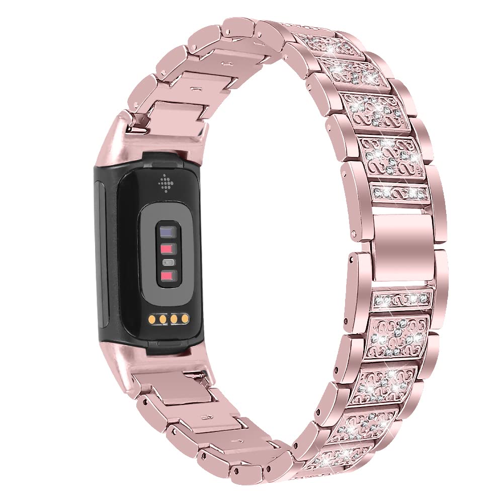 AISPORTS Compatible with Fitbit Charge 6/Charge 5 Strap for Women, Crystal Bling Glitter Diamonds Rhinestones Jewelry Metal Adjustable Wristband Bracelet Replacement Strap for Fitbit Charge 6/Charge 5