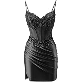 Thinksea Homecoming Dresses 2026 Lace Applique Corset Bodycon Spaghetti Strap Sweet 16 Satin Short Cocktail Gown with Slit