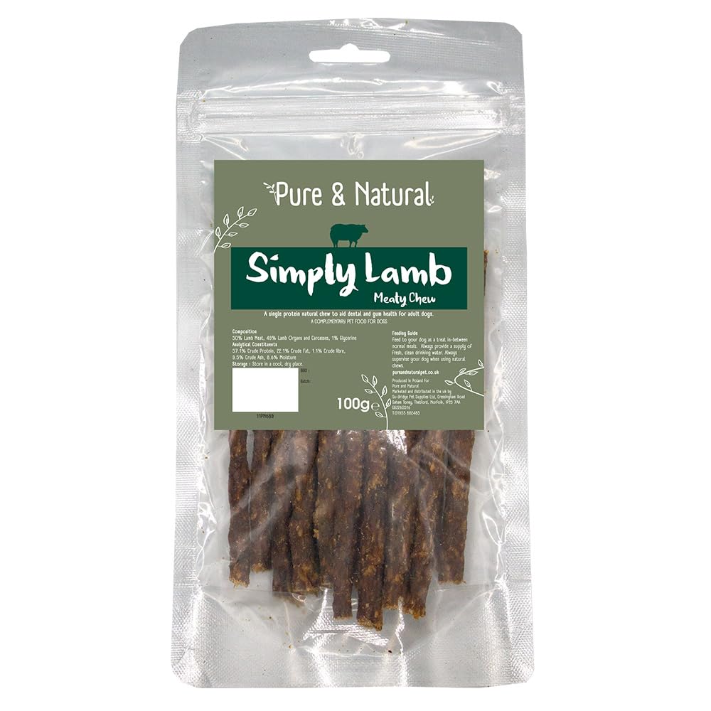 Pure & Natural Lamb Meaty Sticks - Natural Dog Chews, Grain Free Dog Treats & Healthy, Real Meat Chew Sticks - 100g Bag