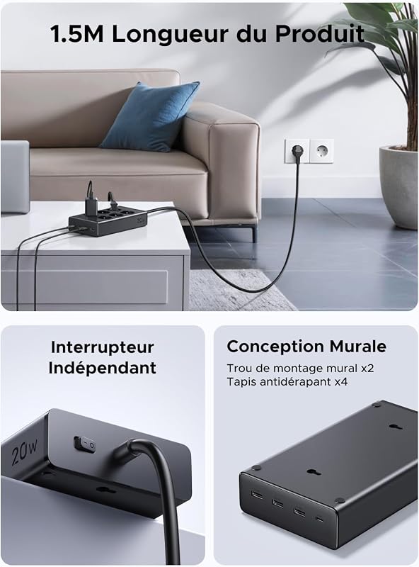 10 en 1 Multiprise 6 Prises AC 4 USB 20W avec Interrupteur 3680W 16A