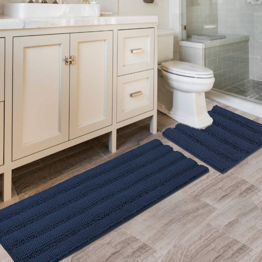 Photo 1 of (BAGGED) (USED/FAIR) H.VERSAILTEX Bathroom Rugs Bath Rug Set 2 Piece Bathroom Contour Rug Toilet Mat Sets Non Slip Contour Bath Rug Ultra Thick Water Absorbent Striped Bath Mats Washable(47" x 17" Plus 20" x 20" U, Navy)