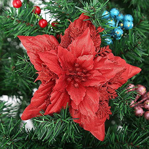 WingFly 10 Pcs Artificial Christmas Flowers Glitter Large Poinsettia Flowers (18 cm/7 inch) Christmas Tree Flower Decorations Xmas Tree Ornaments Wedding Decorations Flower (Red)
