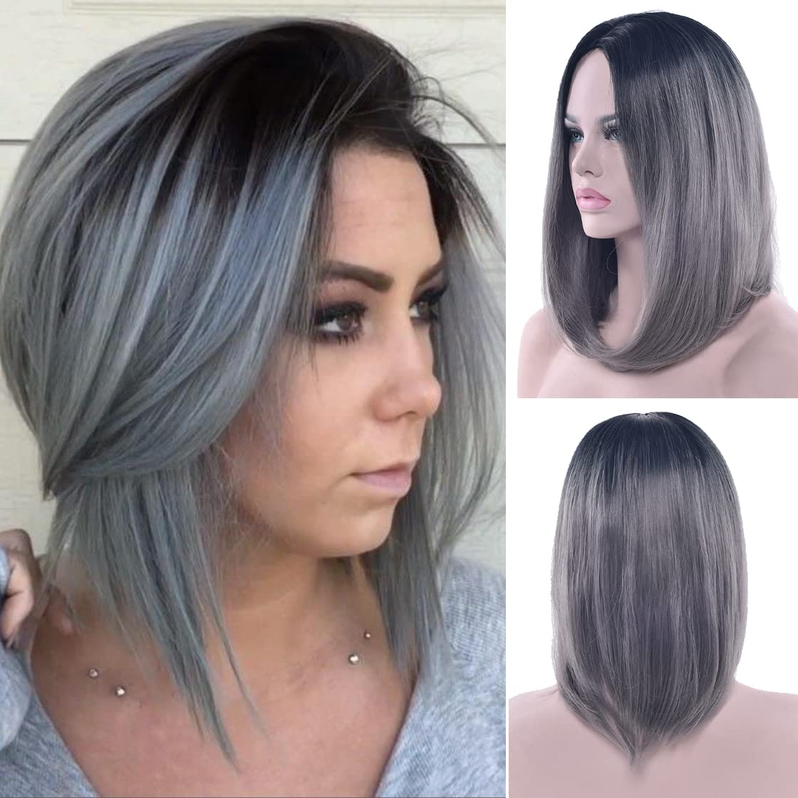 IMISSU Short Natural Hair Wigs Cosplay Wig Ombre Color Halloween Costume Party Wigs for Women (Black to Dark Gray)