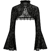 MakeMeChic Women's Gothic Tops Floral Lace Sheer Bell Sleeve Blouse Mock Neck Punk Crop Tops