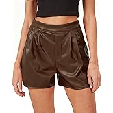 XinYangNi Women's Faux Leather PU Leather Elastic High Wasited Pleated Wide Leg Dressy Shorts