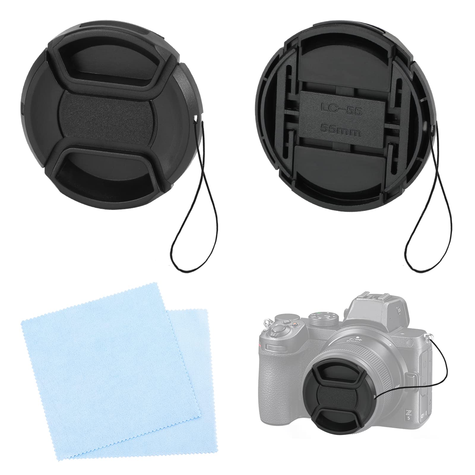 2 Pack 55mm Lens Cap with Cleaning Cloth and Rope for Nikon Canon Sony DSLR Compatible with Sony ALC-F55S Lens Cap for Nikon D7200 D5600 D5500 D5300 D3500 D3400 D3300 Camera & Other 55mm Thread Lenses โ image 1
