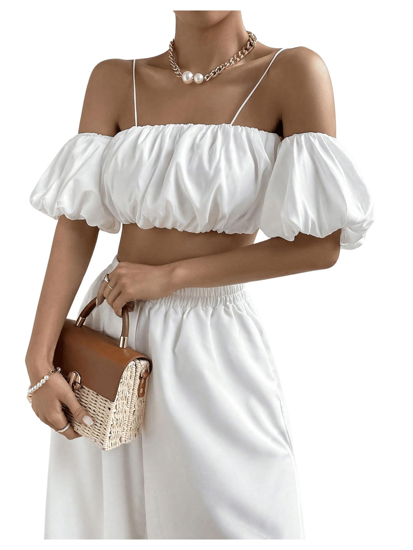 Photo 1 of MakeMeChic Women's Off Shoulder Puff Short Sleeve Crop Tops Blouse White AA Large