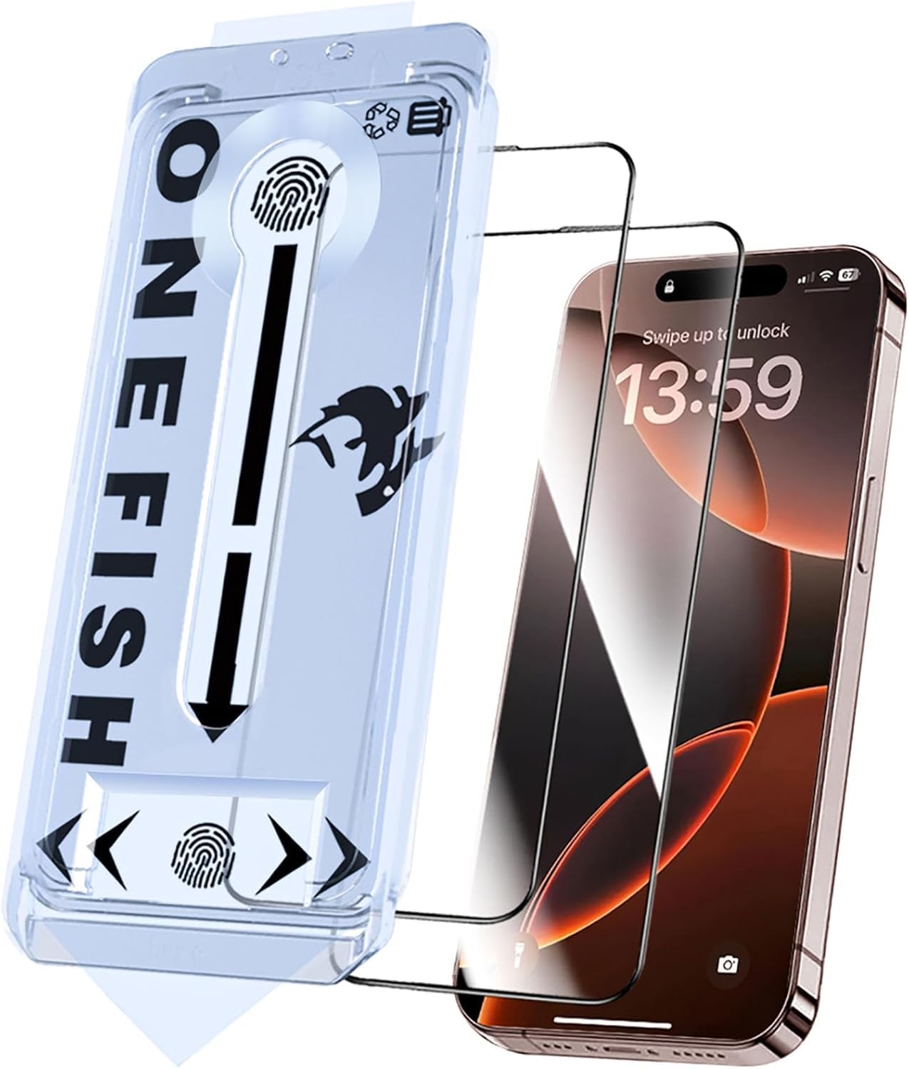 Photo 1 of OneFish Glass Screen Protector for iphone 16 Pro, HD Clarity Tempered Glass Film with Installation Frame, 9H Glass Scratch Resistant, Easy Installation, 2Pack.