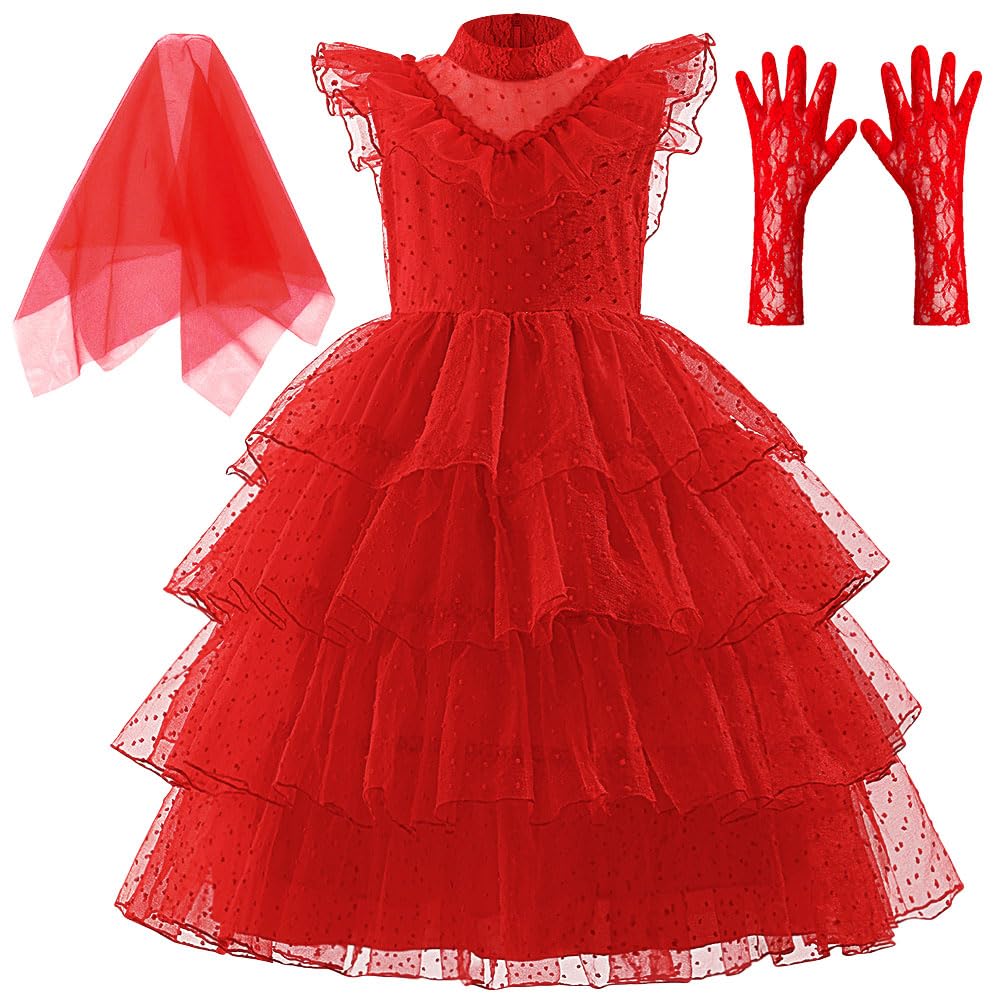 keaiyouhuo Lydia Deetz Costume for Girls kids Easter Costumes Cosplay ghost red bride dress Up Christmas Party 3-12Y