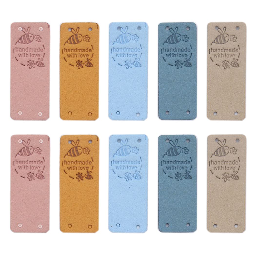 Borsgye 30PCS PU Leather Tags Handmade Embossed Tag Faux Leather Sew on Labels Embellishment Crochet Knitting Labels DIY Jeans Bags Shoes Hat Apparel Accessories 2x5cm - 5 Colors - Bee