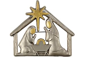 XFQUIJ Religious Gifts Two-Tone Silver Toned Base Christmas Nativity Stable Lapel Pin, 1 7/8 Inch