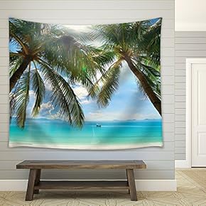 Large Palm Trees on an Island Framing The Ocean as a Boat Sails by - Fabric Tapestry, Home Decor - 51x60 inches