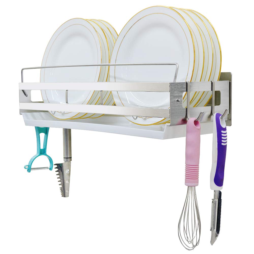 Hanging Dish Drying Rack Wall Mount Over the Sink with 4 Hooks,Junyuan Kitchen Dishes Plate shelf Organizers with Removable Drain Board,Durable-Stainless Rust Proof