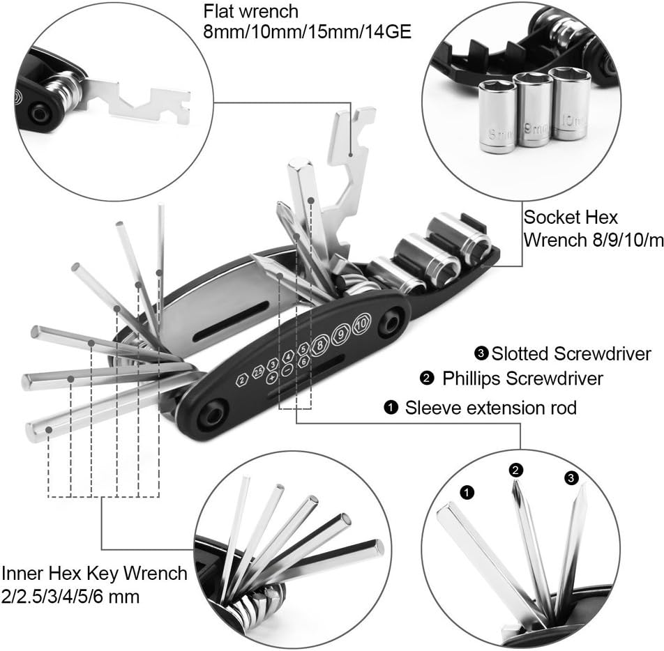 Olyeem Bicycle Tool Kit, Motorcycle Portable 16 in 1 Cycling Multifunctional Repair Tool Set : Sports & Outdoors