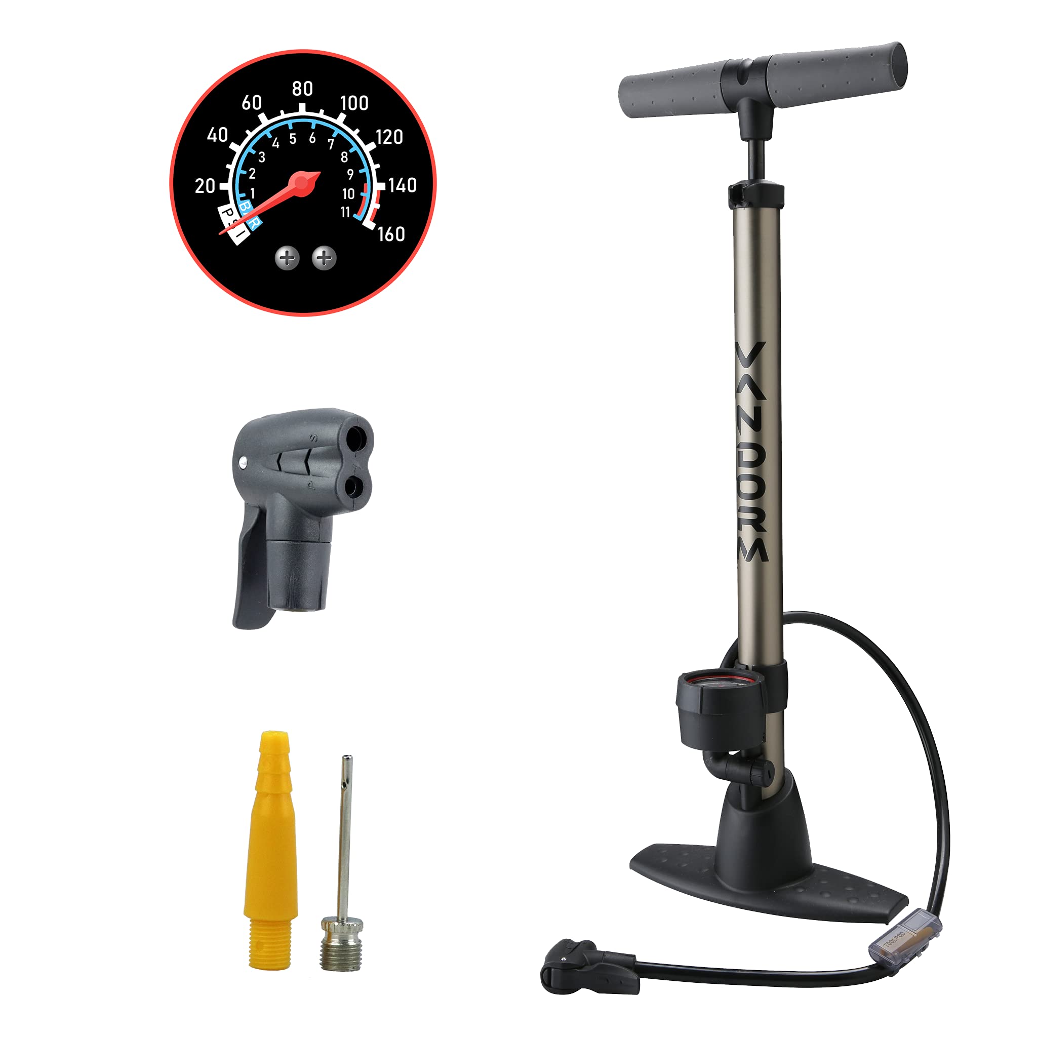 Vandorm Bicycle Pump, Dual Head Schrader and Presta Valve Portable Bike Pump with Pressure Gauge, Soft Kraton Handle, Airbed and Football Adaptors, Sport Balls, Mountain and Road Bike Pump