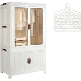 HYZSWGC Portable Closet Wardrobe, Folding Storage Bins with Lid, Stackable Storage Box with Hanging Rod and Doors, Collapsible Plastic Clothes Cabinet with Wheels, 10 Hangers