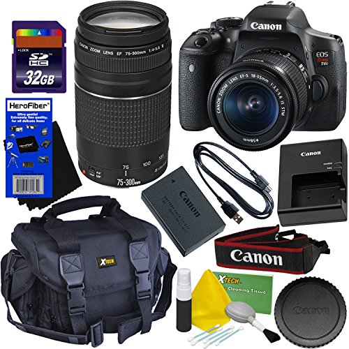 Canon EOS Rebel T6i Digital SLR Camera with EF-S 18-55 IS STM & EF 75-300mm III Zoom Lenses (International Version) + 32GB Accessory Kit w/HeroFiber Ultra Gentle Cleaning Cloth