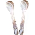 Wenplus 2 Pack 3.55inch Caviar Spoons Handcraft Mother of Pearl MOP Caviar Spoon W Round Handle with One Plastic Storage Box - Coffee Color, Style C