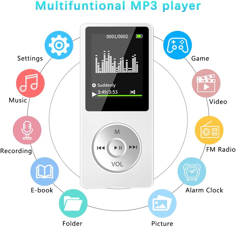MP3 Player, 16GB Music Player with FM Radio, Voice Recording, E-Book, Game, Video Player, Portable Hi-Fi Lossless Sound Built-in Speaker MP3 Music Player, Support up to 128GB -White(Include Earphones): Home Audio & Theater