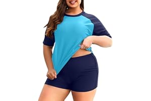 Holipick Two Piece Women Plus Size Rash Guard Short Sleeve Swim Shirts and Shorts UPF 50+ Rashguard Swimsuit