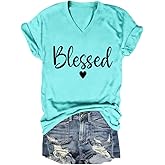 Blessed Shirts Women Cute Heart Graphic Tee V-Neck Short Sleeve Thankful T Shirt Casual Christian Religious Faith Top