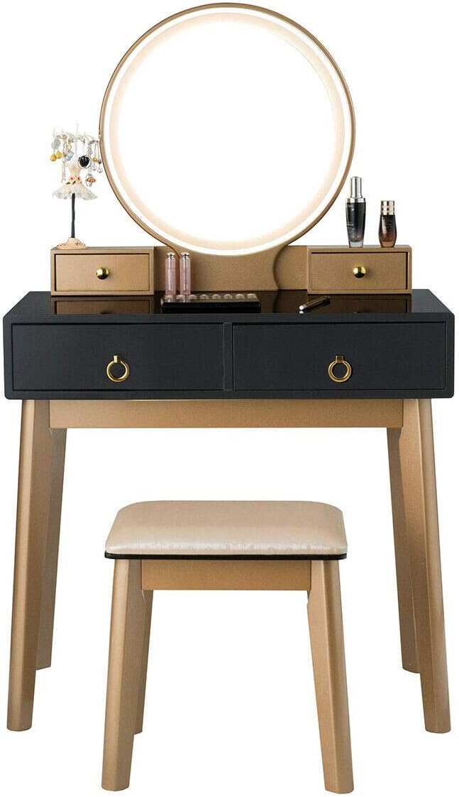 Black Vanity Set Makeup Dressing Table with Cushioned Stool Mirror LED Lights Touch Control Design Color Modes Storage Drawers Desk Organizer Wooden Bedroom Furniture Modern