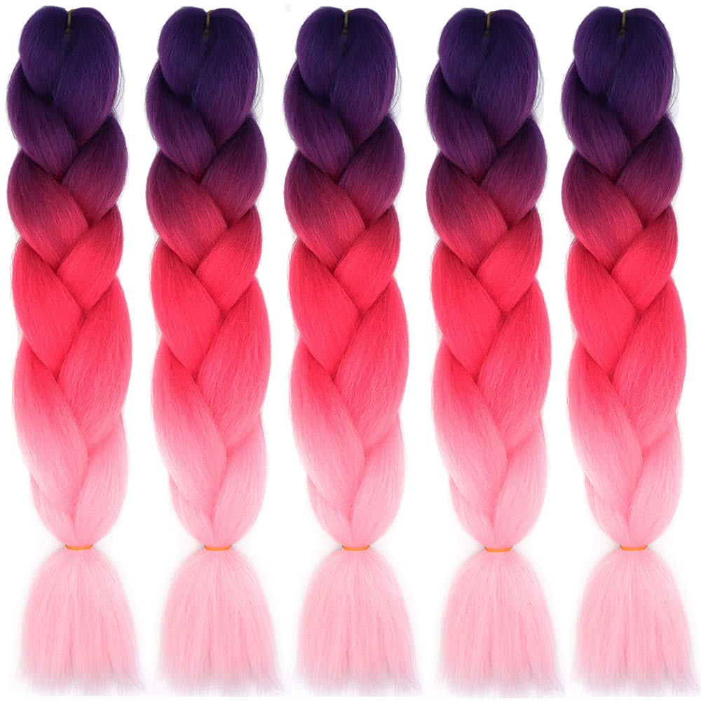 24" Braiding Hair Extension Jumbo Braids Synthetic 5bundles/pack Crochet Hair Afro Box Braid Heat Resistent (Purple&Rose Red&Pink) — image 1