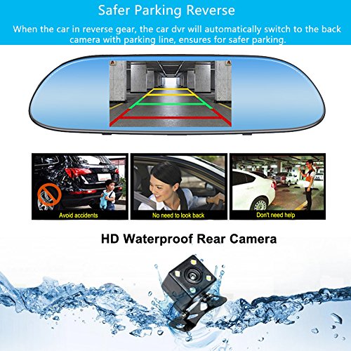 TekBow Car Video Recorder Dual Lens Dash Cam 5.0" Touch Screen Rearview Mirror Full HD 1080P 170 Degree Wide Angle with Front and Back Camera, Night Vision, G-Sensor, Parking Mode, Loop Recording - Thumbnail 4