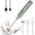 YUSWKO Granite Green Handheld Milk Frother Wand for Coffee, Rechargeable Electric Whisk with 3 Heads 3 Speeds Drink Mixer Coffee Frother For Latte, Cappuccino, Hot Chocolate, Egg