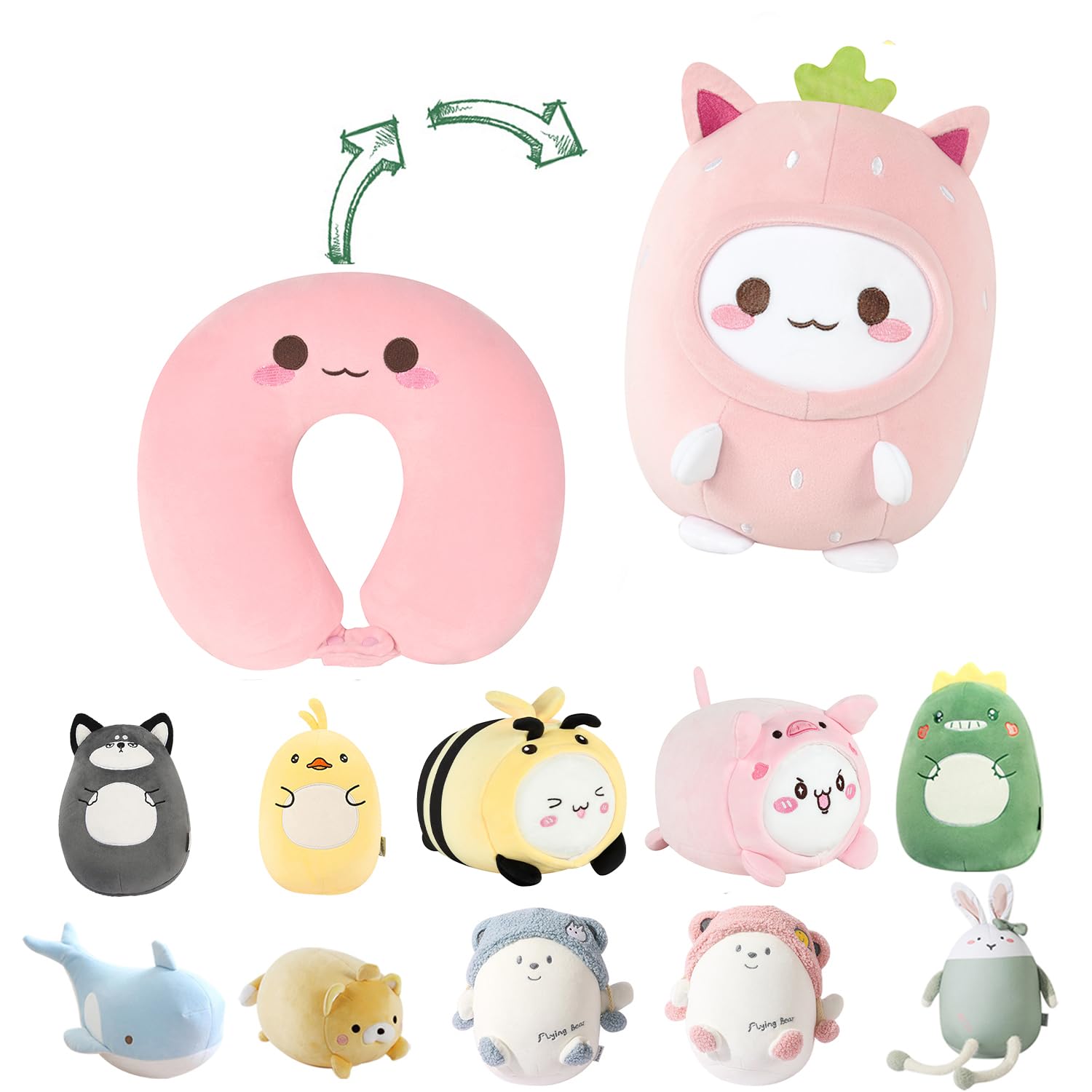 Photo 1 of Kids Travel Pillow - 2-in-1 Deformable Kids Neck Pillow for Traveling, Soft U-Shaped Pillow with Adorable Animal Design, Comfy Sleep and Play, Ideal for Airplanes and Traveling (Pink Strawberry)