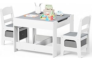 Kinder King Kids Wood Table & 2 Chairs Set, 3 in 1 Children Activity Table w/Storage, Removable Tabletop, Blackboard, 3-Piece Toddler Furniture Set for Art, Crafts, Drawing, Reading, Playroom, Grey