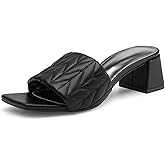 NEWBELLA Women's Square Toe Mules Sandals - 2 Inch Chunky Block Heel Slip-On Slides, Open Toe Dressy Summer Shoes for Casual & Office, Black 9.5