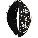 BAHABY Soccer Headbands for Women Crystal Soccer Embellished Wide Top Knot Headband for Women Game Day Hair Accessories (Black)