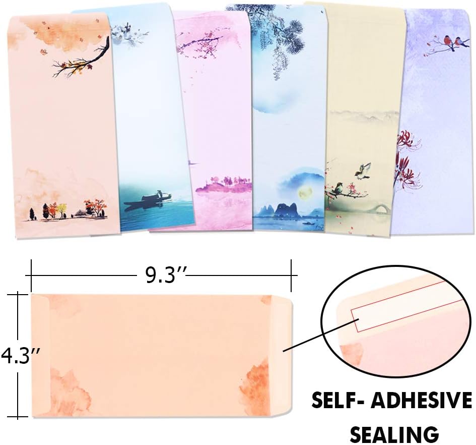 Stationary Set Japanese Stationery Letter Writing Paper, 48 Pack Stationary paper and envelopes set Ink Painting Design - 48 Stationary papers + 24 Envelopes : Office Products