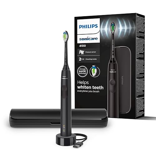 Philips Sonicare 4100 Electric Toothbrush for Adults with 1 x Philips W2 Optimal White Sonic Brush Head in Black, Slim Travel Case and USB Charger