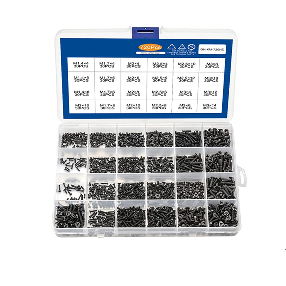 SSyang Countersunk Screws, 720pcs Flat Head Screws Screw Set Various Specifications with Box M1.4 M1.7 M2 M2.5 M3 for 3D Printer Notebook Computer Metric Machines (Black)
