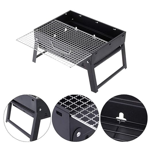 Bhavya Enterprise Mini Charcoal Barbecue Stove Metal Smokeless Fold able Grill with 1 Tong +1 Oil Brush