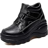 LOVEHEYNEW Women's Leather Orthopedic Chunky Platform Ankle Boots with Hook Loop Retro Comfortable Round Toe Arch Support Wedge Booties Casual Anti-slip Daily Work Walking Shoes