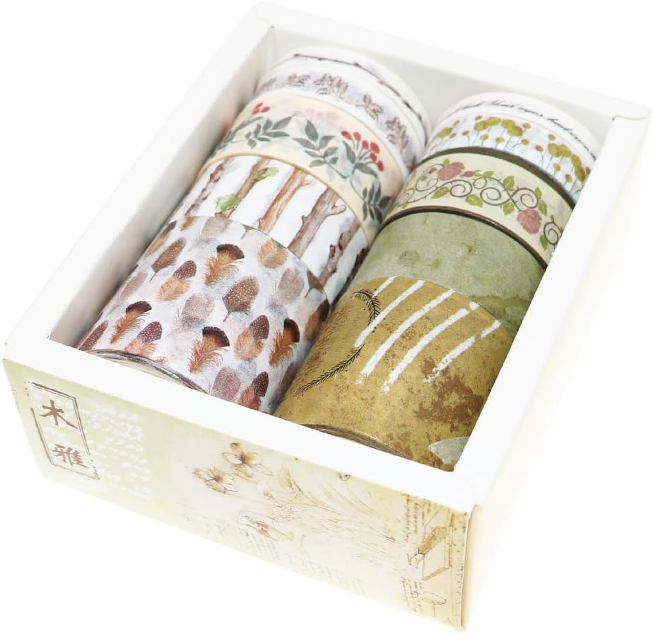 BITEYI Washi Tape Set 10 Rolls Masking Tape Multi-Pattern-Themes Sticky Paper Tapes for DIY Decorative Craft,Bullet Journal,Gift Wrapping,Scrapbook (Wood Art)