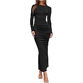 Ekaliy Women's Sexy Mesh Dress Long Sleeve Mock Neck Bodycon Sheer Ruched Maxi Dress Party Cocktail Dresses
