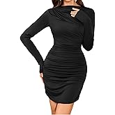 ZAFUL Womens Sexy Ruched Bodycon Mini Dress Long Sleeve Boat Neck Wedding Guest Club Party Dresses